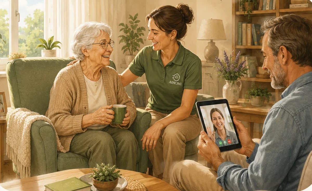 Dans un salon, une dame âgée dans son fauteuil tient une tasse et sourit, une intervenante en polo vert est assise à côté d'elle ; au premier plan, son fils suit la conversation en visioconférence sur une tablette.