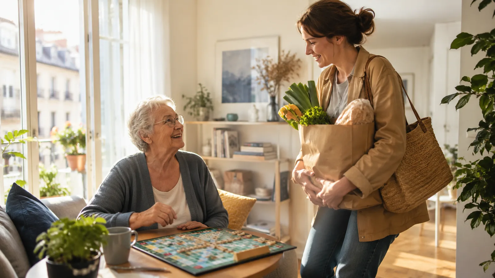 Dans un salon lumineux, une dame âgée assise devant une partie de Scrabble commencée sourit à une femme plus jeune qui arrive avec un sac de courses.